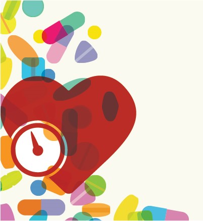 Heart with colorful medicines in the background